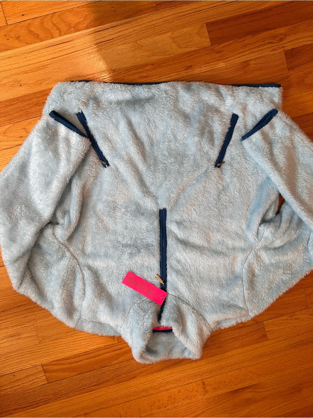 Lilly Pulitzer Light Blue Fuzzy Pullover Sherpa with Navy Zip Accents